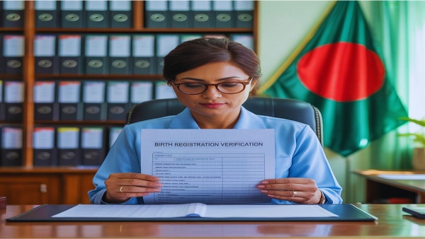 জন্ম নিবন্ধন যাচাই সংক্রান্ত ফর্ম হাতে সরকারি কর্মকর্তা, পেছনে বাংলাদেশের পতাকা