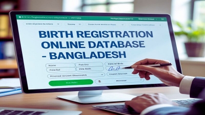 কম্পিউটারে জন্ম নিবন্ধন ডেটাবেইস বাংলাদেশ ওয়েবসাইটে তথ্য যাচাই করছেন একজন ব্যক্তি