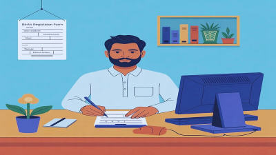 একজন ব্যক্তি ডেস্কে বসে জন্ম নিবন্ধন ফরম পূরণ করছেন, পাশে কম্পিউটার ও প্রয়োজনীয় কাগজপত্র রয়েছে।