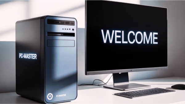 ডেস্কে রাখা একটি ডেস্কটপ কম্পিউটার, মনিটরে "WELCOME" লেখা দেখা যাচ্ছে, এবং সিপিইউ বক্সে "PC-MASTER" লেখা রয়েছে।