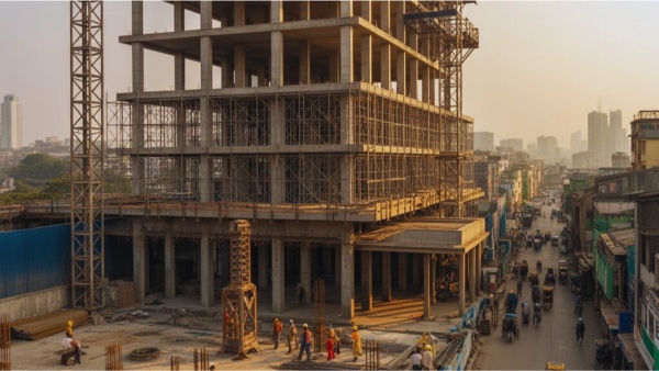 ভবন নির্মাণ কাজ চলাকালে একটি আধা-সম্পূর্ণ ভবনের পাশে কর্মরত নির্মাণ শ্রমিকদের দৃশ্য।