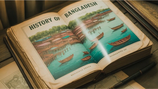 বাংলাদেশের ইতিহাস বিষয়ক একটি খোলা বই, যেখানে নদীর উপর কাঠের ঘর ও নৌকা আঁকা আছে।