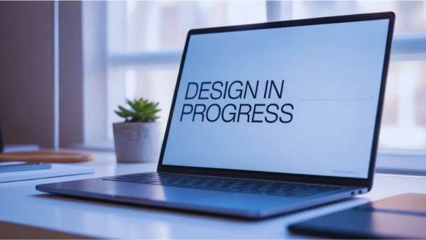 ডেস্কে রাখা ল্যাপটপের স্ক্রিনে "Design in Progress" লেখা দেখা যাচ্ছে