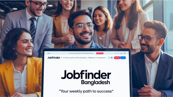 একটি ল্যাপটপ স্ক্রিনে "Jobfinder Bangladesh" সাইট খোলা, যার সামনে একটি দল তরুণ পেশাজীবীর হাসিমুখে দাঁড়িয়ে রয়েছে – সাপ্তাহিক চাকরির খবর এর আপডেট খোঁজার প্রতীক।