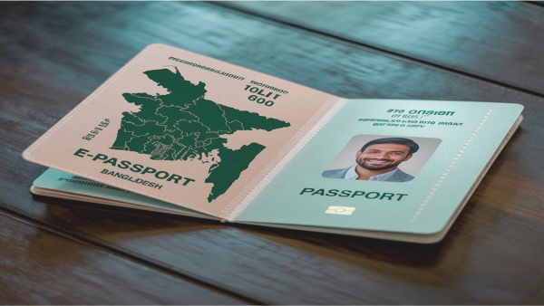 একটি খোলা ১০ বছর মেয়াদি ই-পাসপোর্ট, যেখানে বাম পাশে দেশের মানচিত্র এবং ডান পাশে পাসপোর্টধারীর ছবি ও তথ্য দৃশ্যমান।
