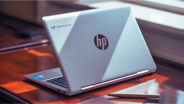 একটি ডেস্কে রাখা সিলভার রঙের HP ল্যাপটপ, পাশে একটি স্টাইলাস কলম।
