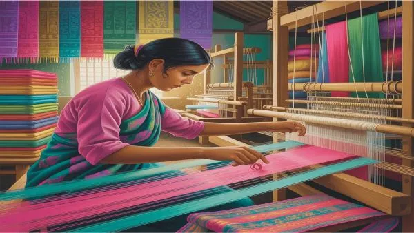 বাংলাদেশের ঐতিহ্যবাহী তাঁত শিল্প কারিগরের হাতে বোনা শাড়ি তৈরির দৃশ্য