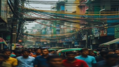 শহরের ব্যস্ত রাস্তায় অসংখ্য বৈদ্যুতিক তার বিশৃঙ্খলভাবে ঝুলে আছে