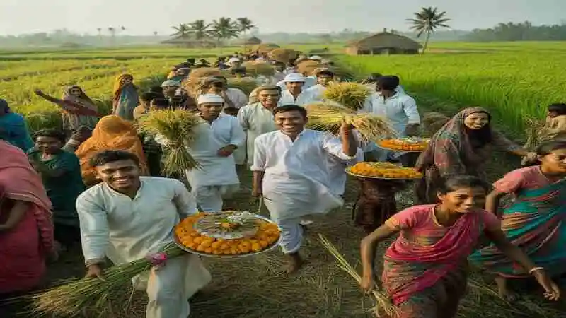 নবান্ন উৎসব কবে হয় তা নিয়ে উৎসাহিত মানুষ এবং ধান কাটা চিত্র
