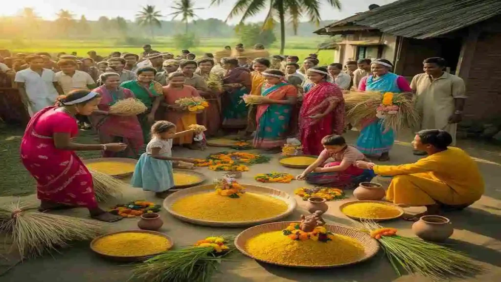 নবান্ন উৎসবের আনন্দময় সাংস্কৃতিক অনুষ্ঠান এবং ধান কাটা উৎসবের চিত্র