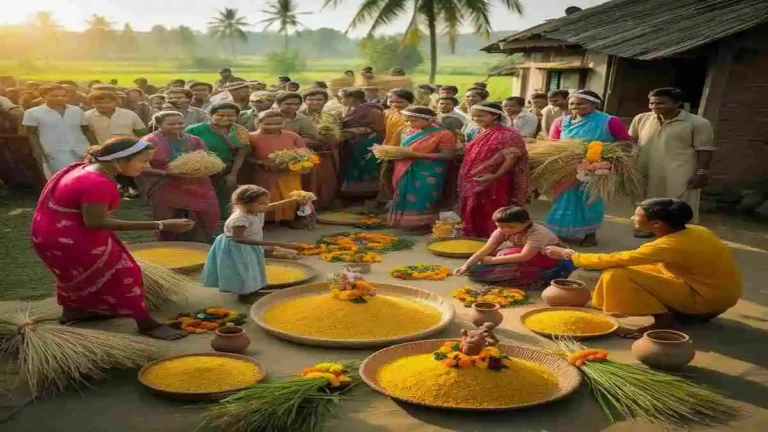 নবান্ন উৎসবের আনন্দময় সাংস্কৃতিক অনুষ্ঠান এবং ধান কাটা উৎসবের চিত্র