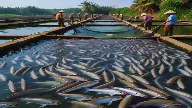পাঙ্গাস মাছ চাষ প্রকল্পের পুকুর ও মাছ চাষের দৃশ্য