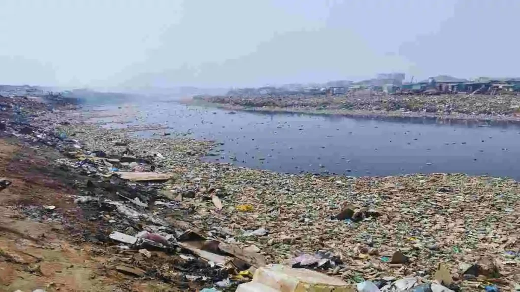 পানি দূষণ ও তার প্রভাব দেখাচ্ছে একটি নদী বা জলাশয়ের ছবি