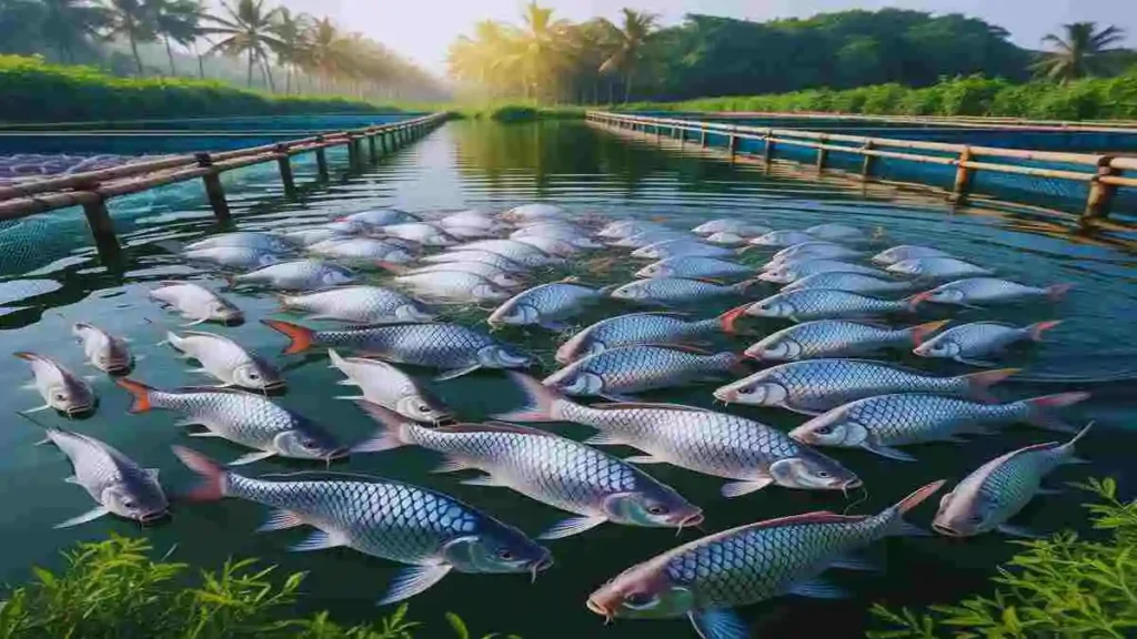 রুই মাছ চাষের পুকুরে মাছ চাষের দৃশ্য