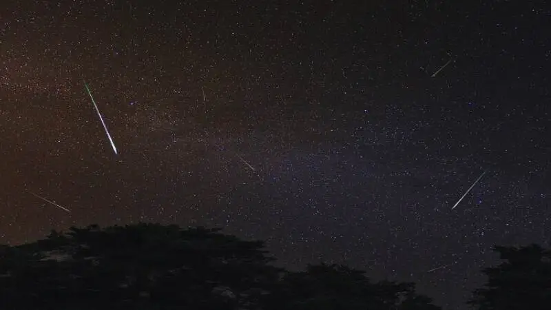 উল্কা বৃষ্টি কিভাবে হয় তা দেখানো রাতের আকাশে উজ্জ্বল উল্কাপাতের দৃশ্য