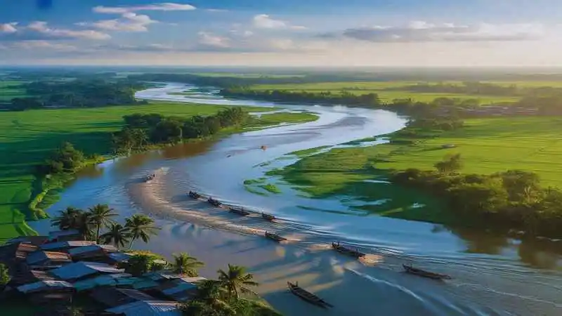 কুশিয়ারা নদীর প্রাকৃতিক সৌন্দর্যপূর্ণ দৃশ্য, সবুজ বন ও নদীর শান্তি