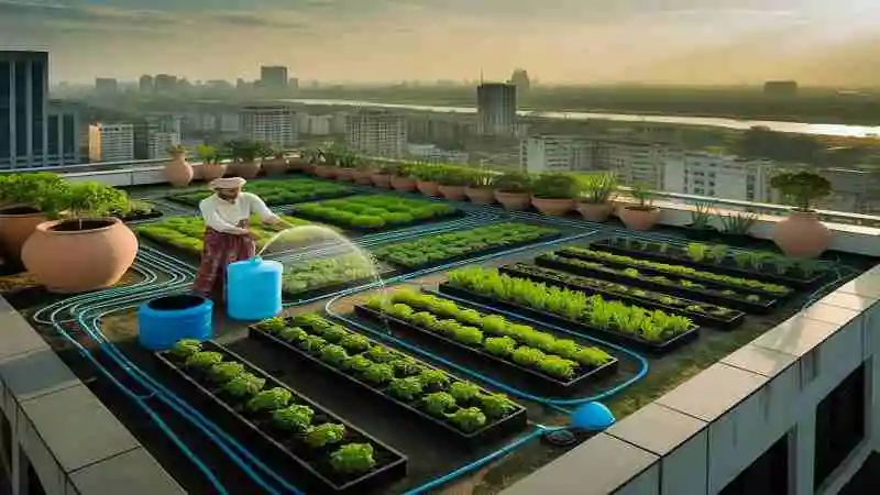 ছাদ বাগানে পানি দেওয়ার নিয়ম অনুসরণ করে সেচ করা হচ্ছে এমন ছবি