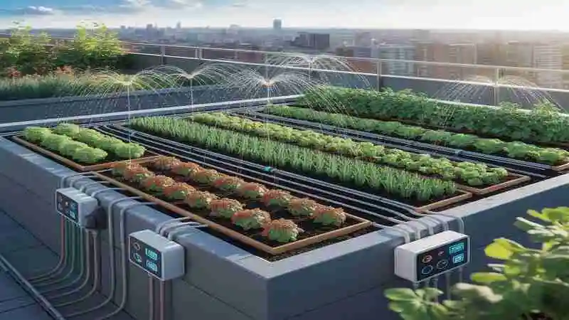 ছাদ বাগানে পানি সেচের আধুনিক টিপস অনুযায়ী সেচ করা হচ্ছে এমন ছবি