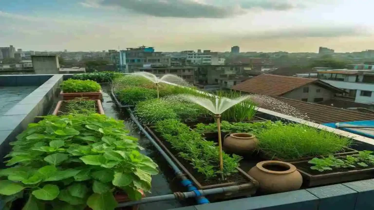 ছাদ বাগানে পানি সেচের পদ্ধতি দেখানো একটি ছবি