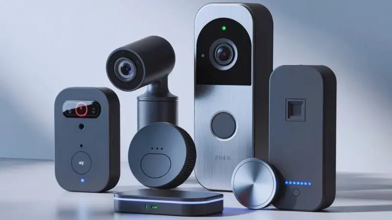 ঘর সুরক্ষার আধুনিক গ্যাজেট যেমন স্মার্ট ক্যামেরা, ডোর লক ও নিরাপত্তা সেন্সর