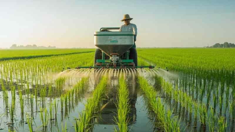 ধান চাষে আধুনিক সার প্রয়োগ পদ্ধতি অনুসারে জমিতে সার দেওয়ার দৃশ্য